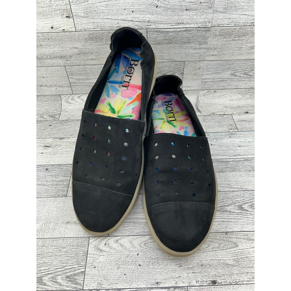 Born F39203 Black‎ Leather Perforated Slip On Flats Women Sz 9.5 M Floral Insole